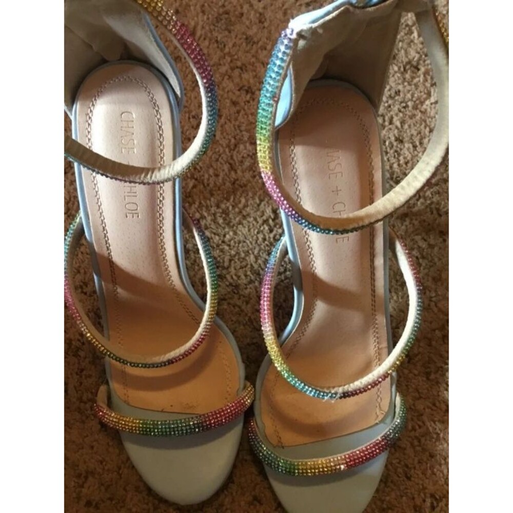 Y2K Rainbow Rhinestone Pastel Blue Stiletto Sandal Heels Size 10 - Picture 3 of 12